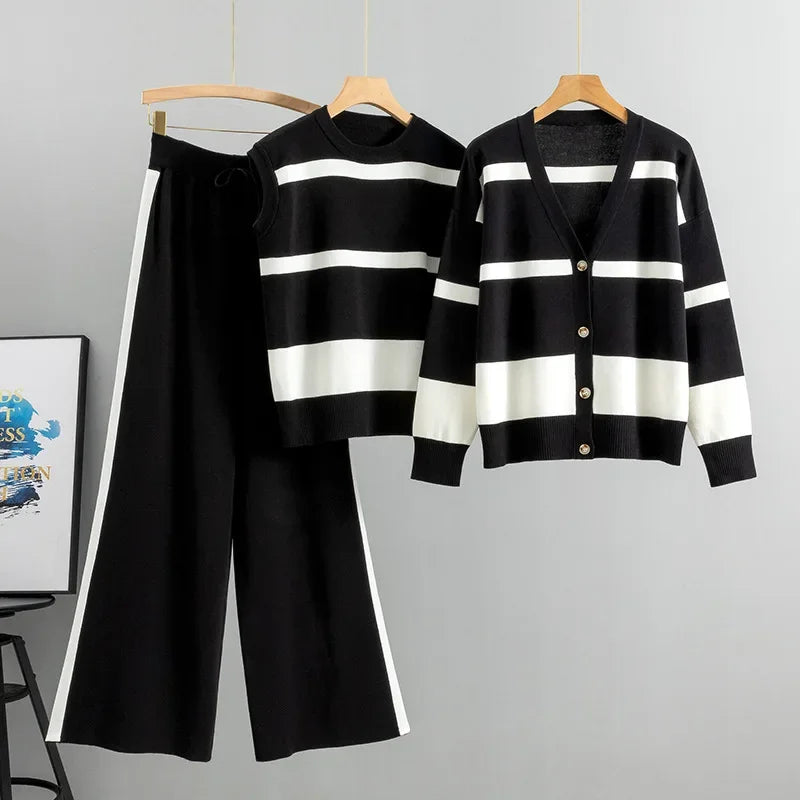 Women's Autumn Winter Fashion Loose Knitted Striped Suits Sleevesless Vest V Neck Cardigan Sweater Wide Leg Pants 3 Piece Set
