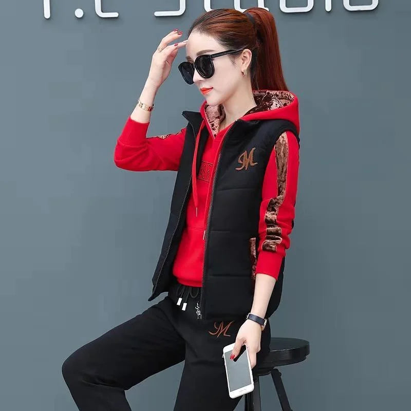 Women's Casual Fashion Autumn Winter New Sweat Suit Plush Thickened Hooded Tops and Waistcoat Pants 3 Three Piece Sets For Women