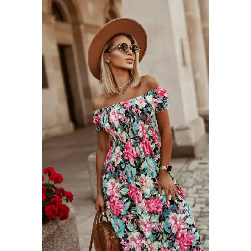 Women Fashion Off Shoulder Elegant  Dress Ladies New Casual Loose Print Holiday Dresses Womens Clothing ﻿