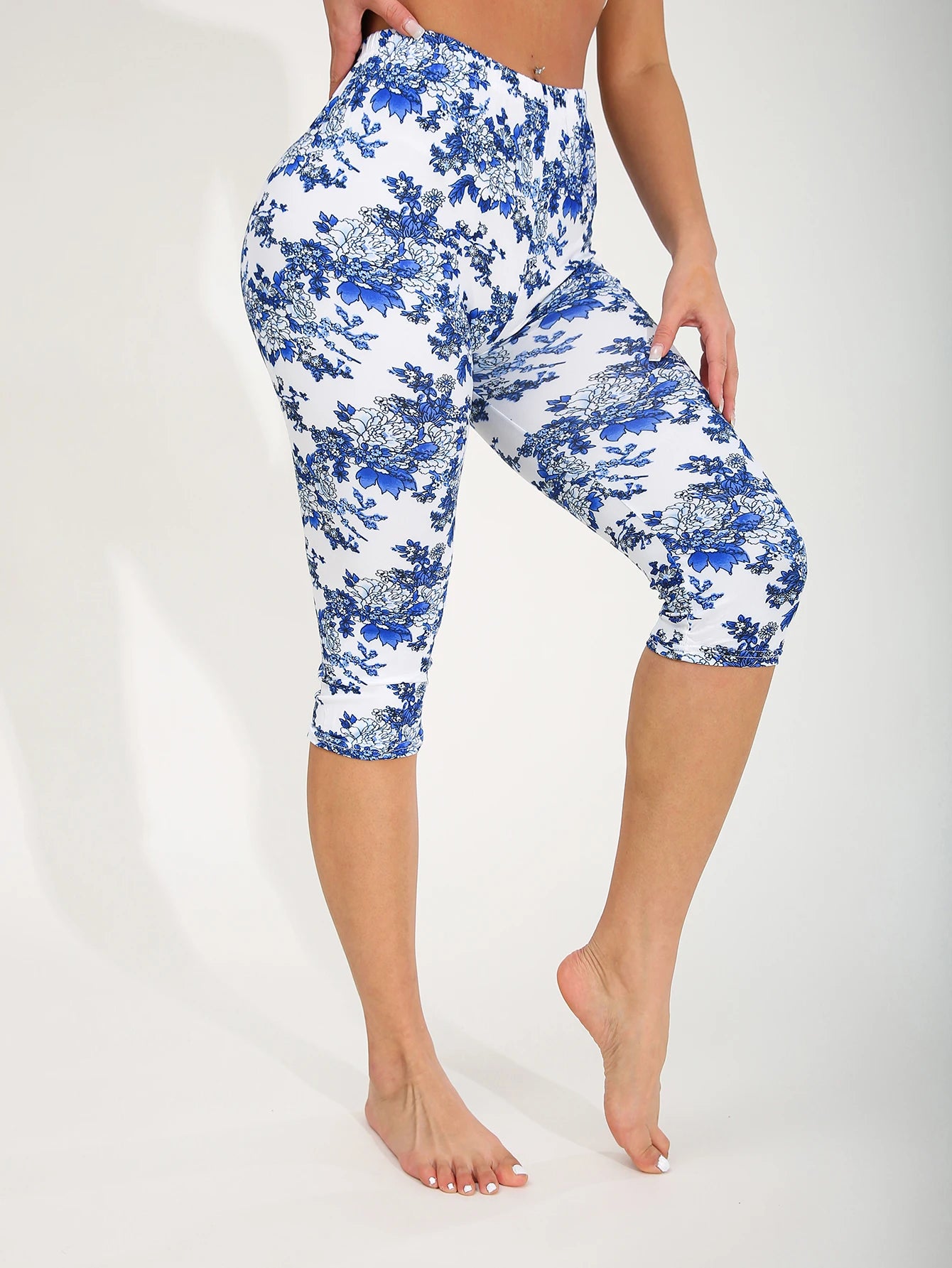 Fashionable And Casual Women's Legging Blue And White Peony Sports Fitness Yoga Pants Sexy And Elegant High Stretch Pencil Pants