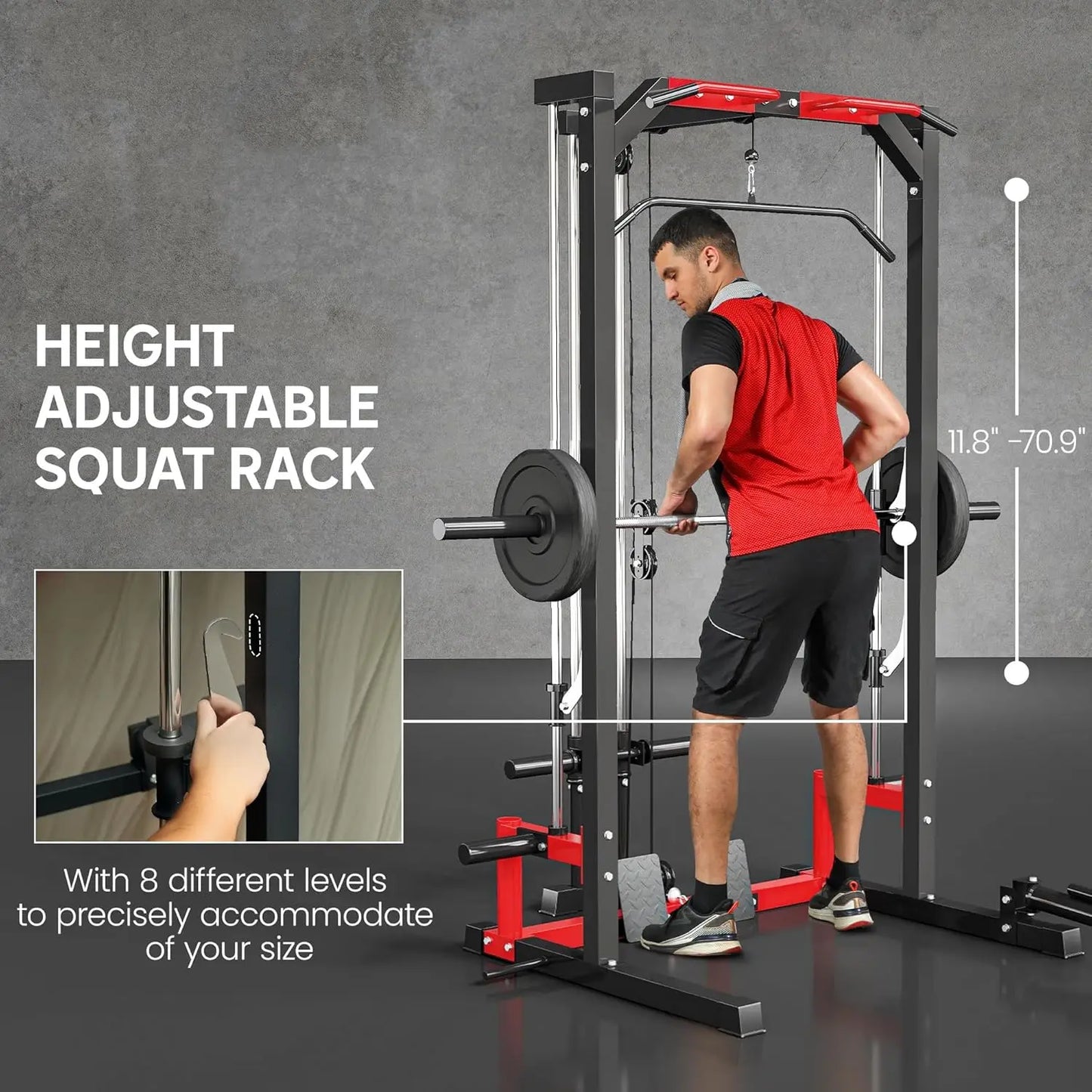 Power Cage Smith Machine, Multi-Function Power Rack with Pull Up Bar, LAT Pull Down System and Squat Rack, Barbell Bar,, Custom