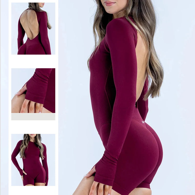 Seamless Long Sleeve One Piece Gym Clothes Women Padded Yoga Bodysuit Open Back Fitness Workout Jumpsuit Scrunch Butt Sportswear
