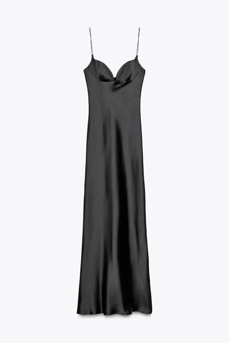 2025 new women's clothing European and American style fashion versatile temperament sexy satin texture long dress