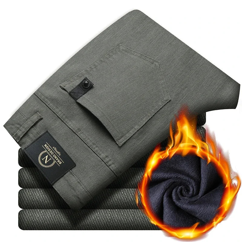 Winter New 2025 Fleece Pants Men's Thick Slim Elastic Business Casual Velvet Pants Warm Fashion Solid Color Plush Trousers Male