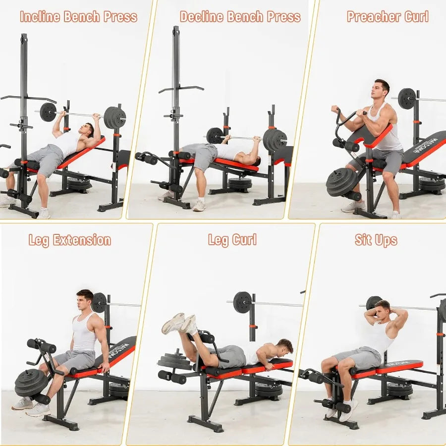 1500LB 8 IN 1 Adjustable Weight Bench with Lat Pulldown and Leg Extension Curl Foldable Design for Home Gym Includes Preacher C