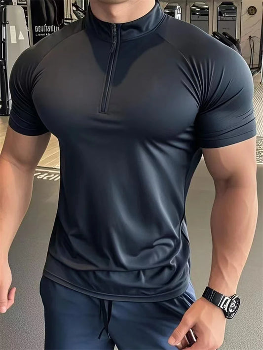 NEW Men's sports T-shirt Quick Dry Compression Running t Shirt Men Fitness short sleeve Shirt  Zippered round neck Tights Tops