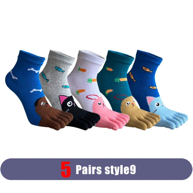 5 Pairs Woman Girl Toes Socks Ankle Cotton Bright Color Fashions Striped Love Cute Sweat-Absorbing  Low Cut Five Finger Socks
