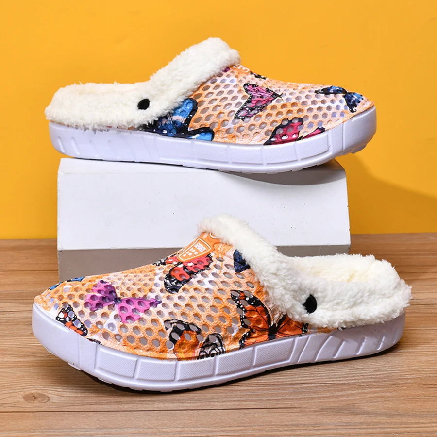 Women's Cotton Slippers Butterfly Pattern Clogs Mules Autumn and Winter Warm Plus Velvet Thickening
