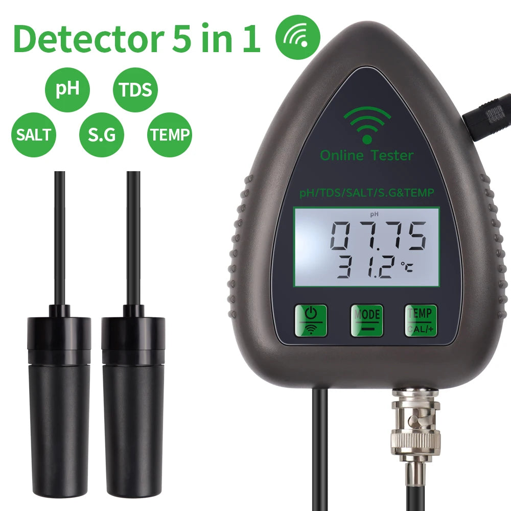 Tuya WiFi 5 in 1 Water Quality Meter Online Tester TDS/EC/SALT PH S.G.TEMP Detector Multifunction Water Analyzer for Aquariums
