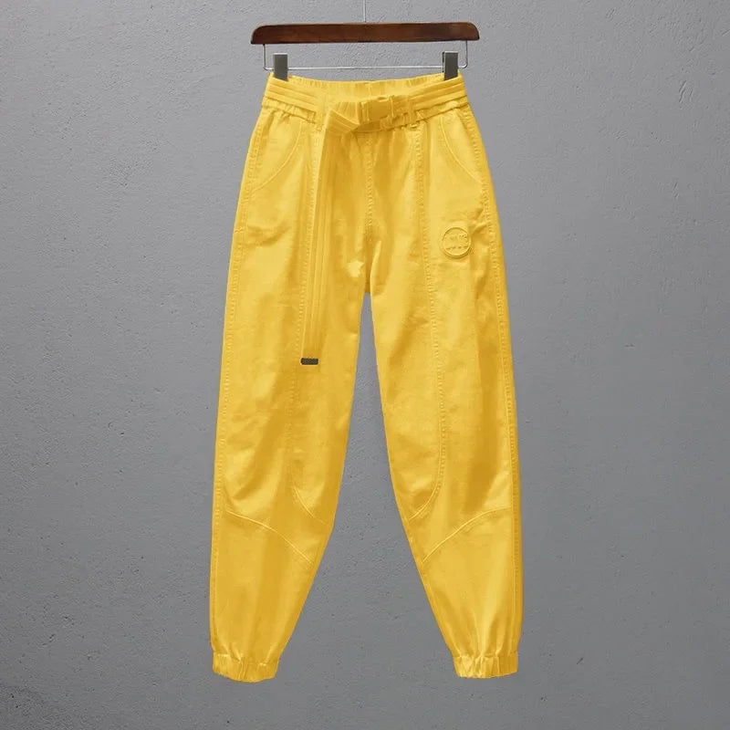 Women Harem Pants Cotton Sweat Pants Elastic Waist Office Lady Loose Casual Trousers with Belt Fashion Ankle Banded Red White