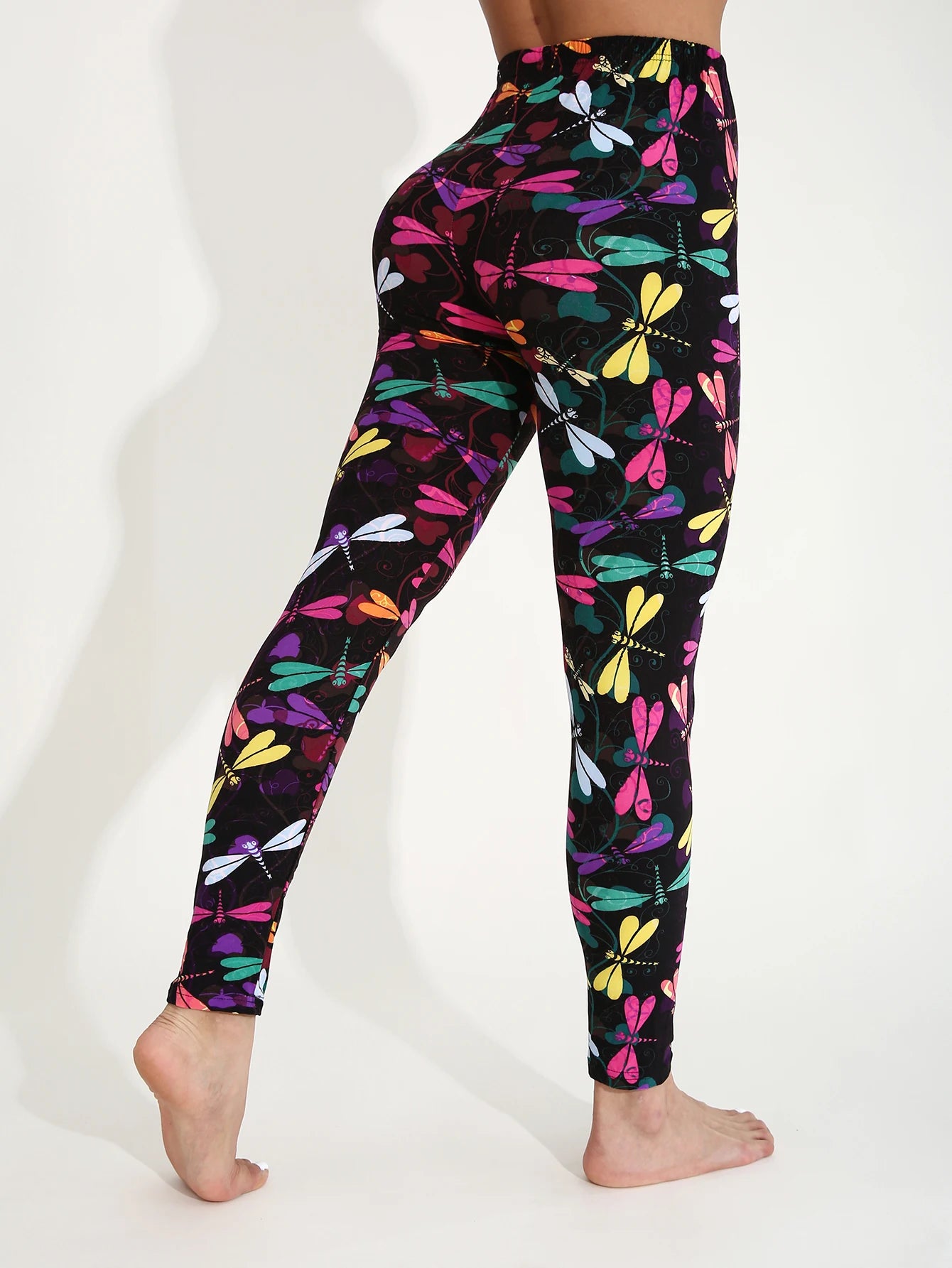 Autumn Winter 1PACK Women's Black Bottom Colorful Dragonfly Pattern Sexy Tight Legging Casual Sports Elegant Fitness Yoga Pants
