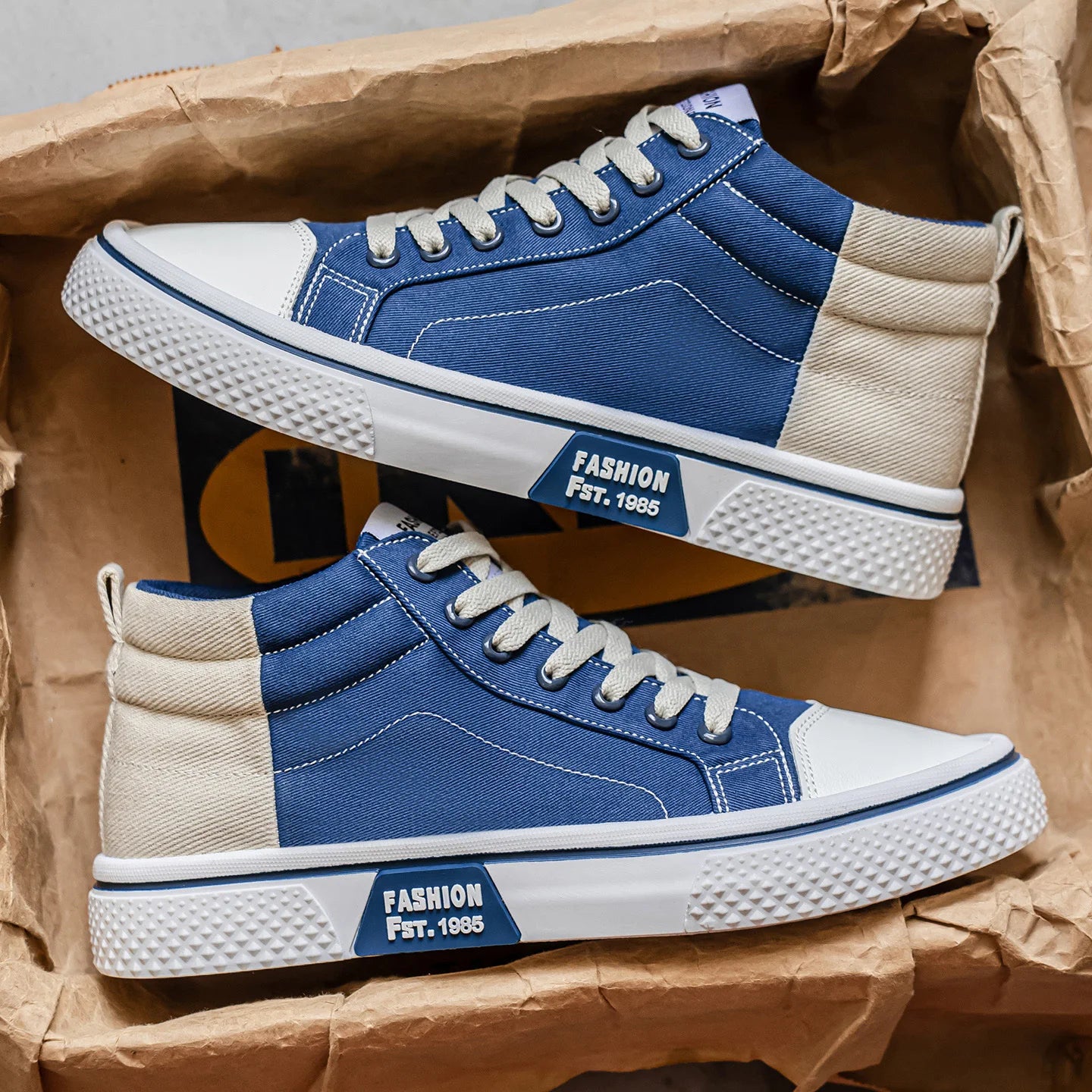 Men's canvas shoes, fashionable and trendy, mid-top, comfortable, suitable for outdoor hiking, lightweight, blue and beige, vers