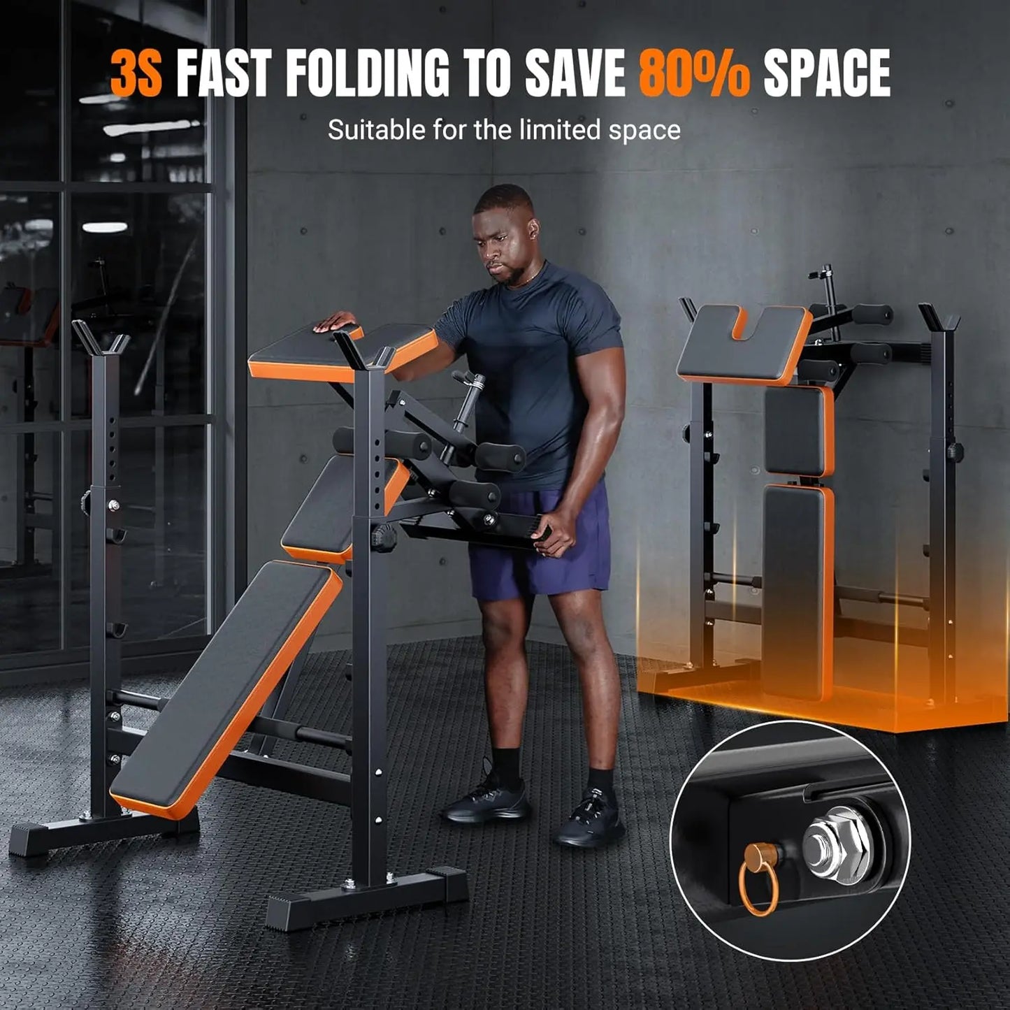6 in 1 Space Saving Weight Bench Set for Home Gym, Fast Folding & Adjustable Workout Bench, Bench Press Rack/Leg, Customized