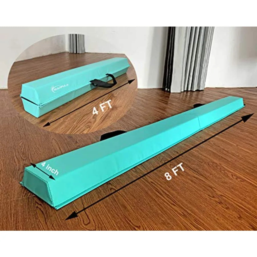 Balance Beam - Folding Floor Gymnastics Equipment for Non-Slip Base Wood Finish Natural Color Adjustable 6 FT to 10 FT for Home