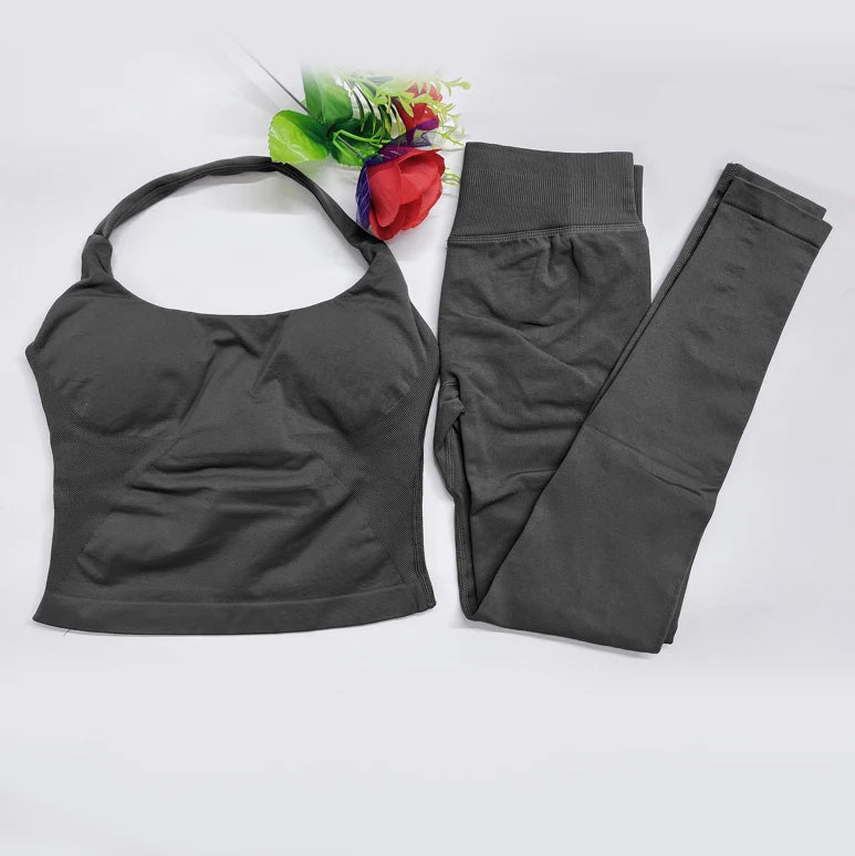 2026 Yoga outfit DFNNYE two Pieces Gym Set seamless Women DF impact backless Halter Top Leggings Fitness Clothes Workout sets