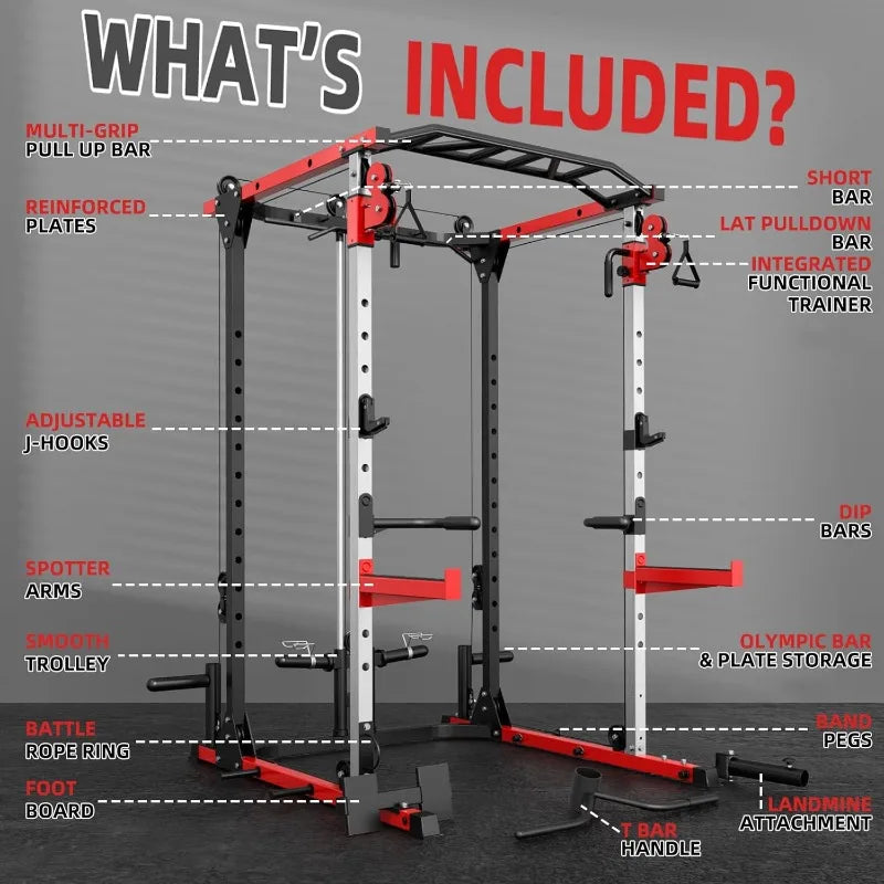 Smith Machine, Power Rack with LAT Pulldown System, Power Cage with Cable System, Squat Rack with Chest Press Machine
