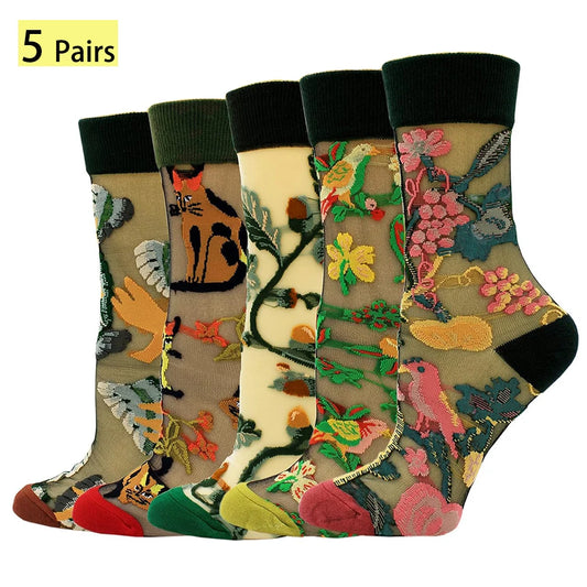 5 Pairs/Set France Hipster Design Glass Silk Floral Bird Funny Socks Women Transparent Art Ankle  Socks Jacquard