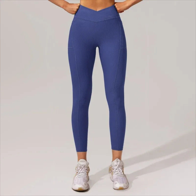 Women's Cross Waist Seam Leggings Gym Workout Yoga Pants High Waisted Butt Lift with Pocket Tights Fashion Slim Elastic Leggings