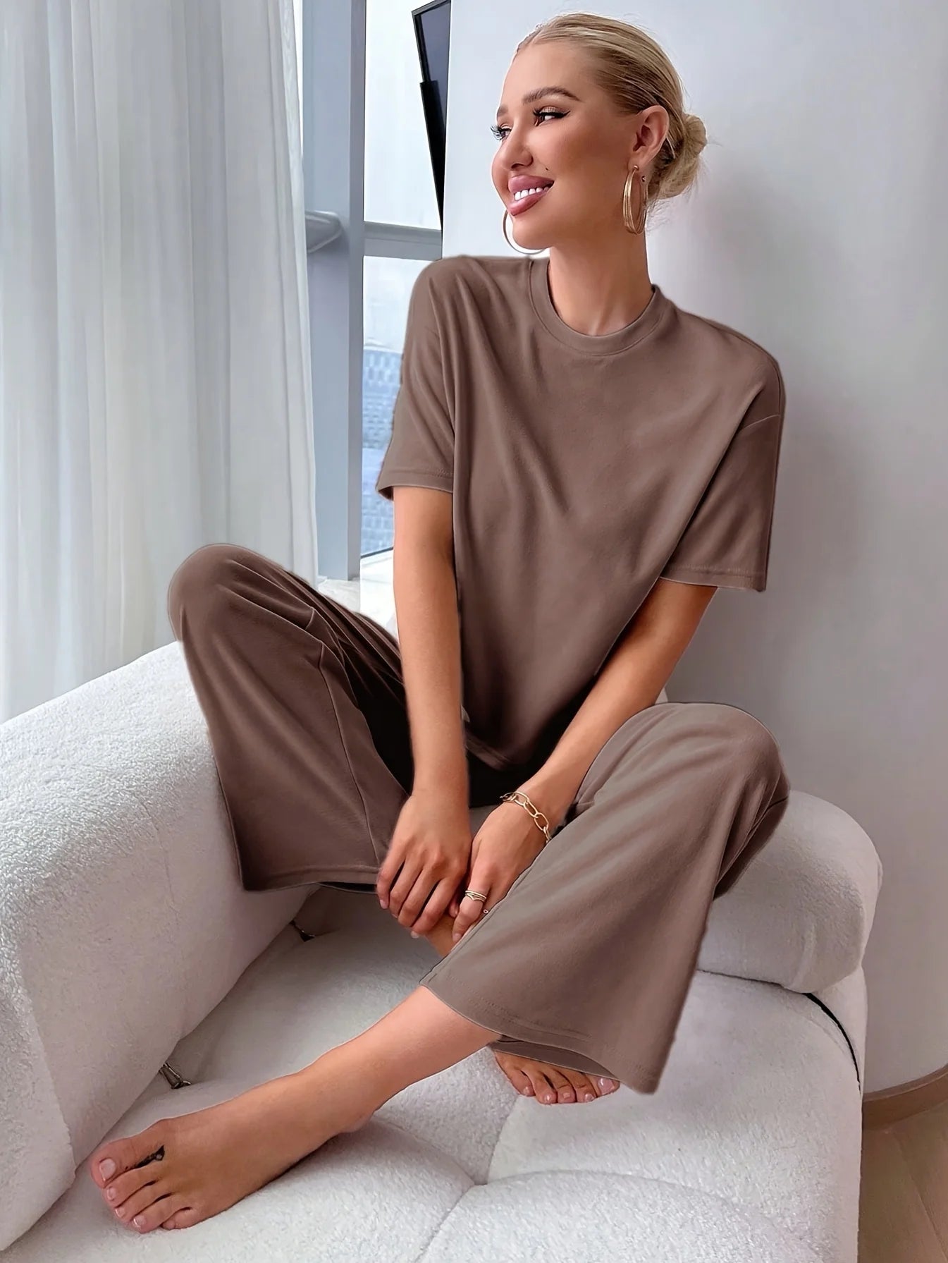 Women's Casual Loose Loungewear Set - Split Hem Top & Drawstring Waist Pants