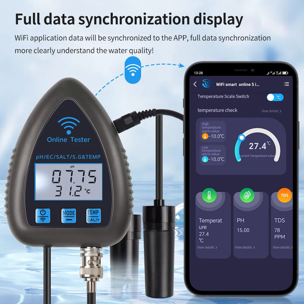 Tuya WiFi 5 in 1 Water Quality Meter Online Tester TDS/EC/SALT PH S.G.TEMP Detector Multifunction Water Analyzer for Aquariums