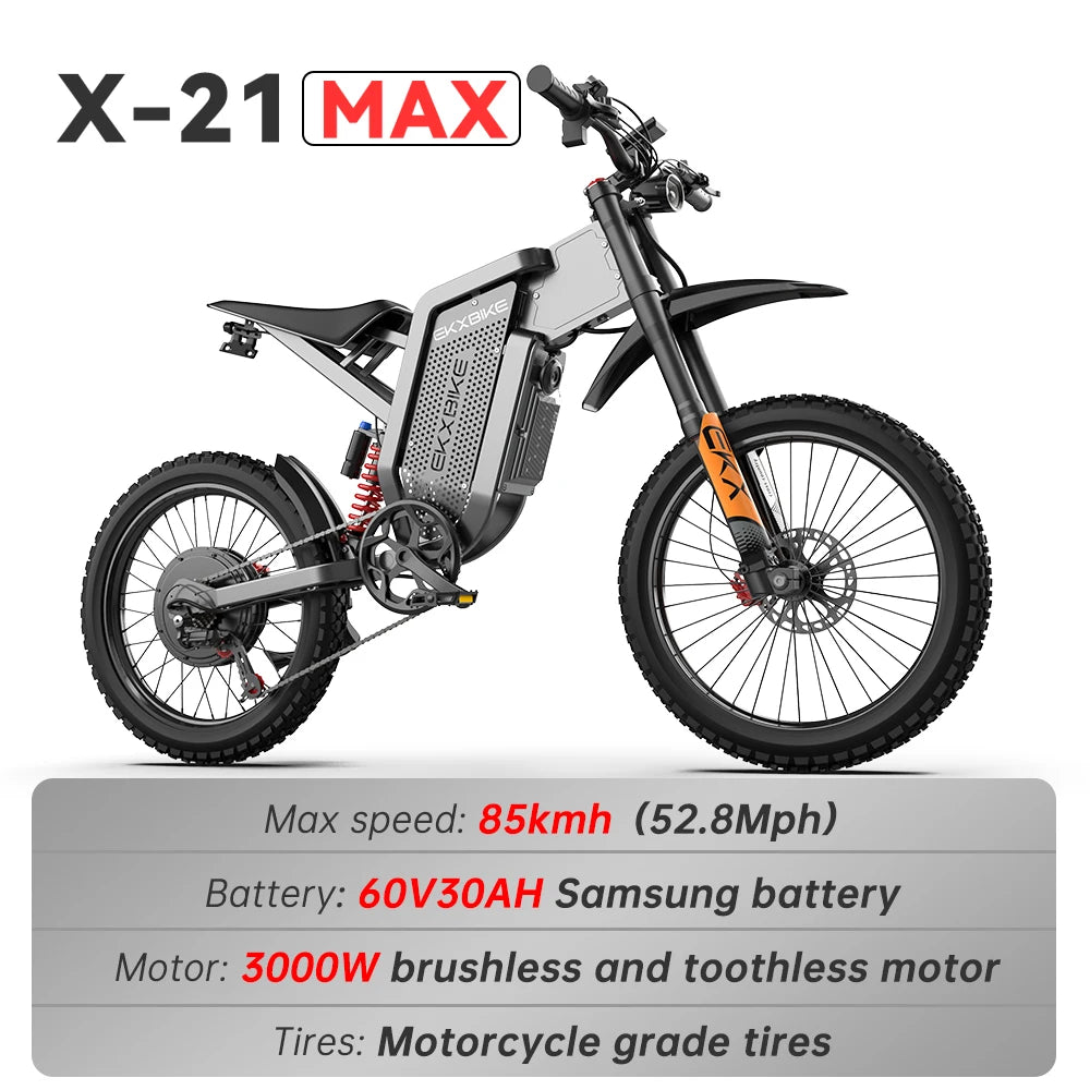 EKX X21 Max Electric Motorcycles 3000W Brushless Gearless Motors 60V30AH Lithium Battery Speed 85Kmh Adult Off Road Ebike