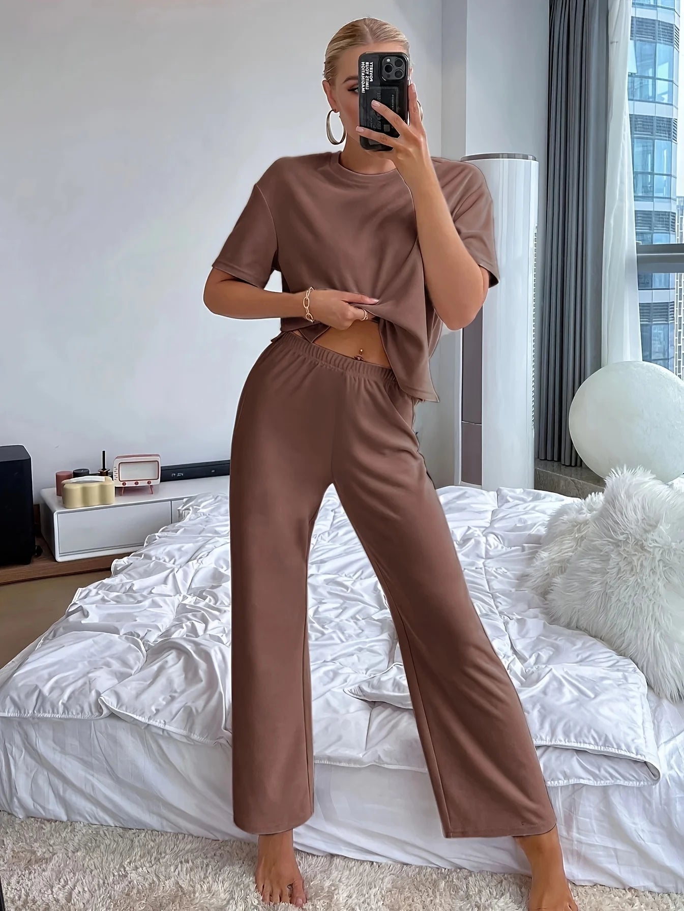 Women's Casual Loose Loungewear Set - Split Hem Top & Drawstring Waist Pants