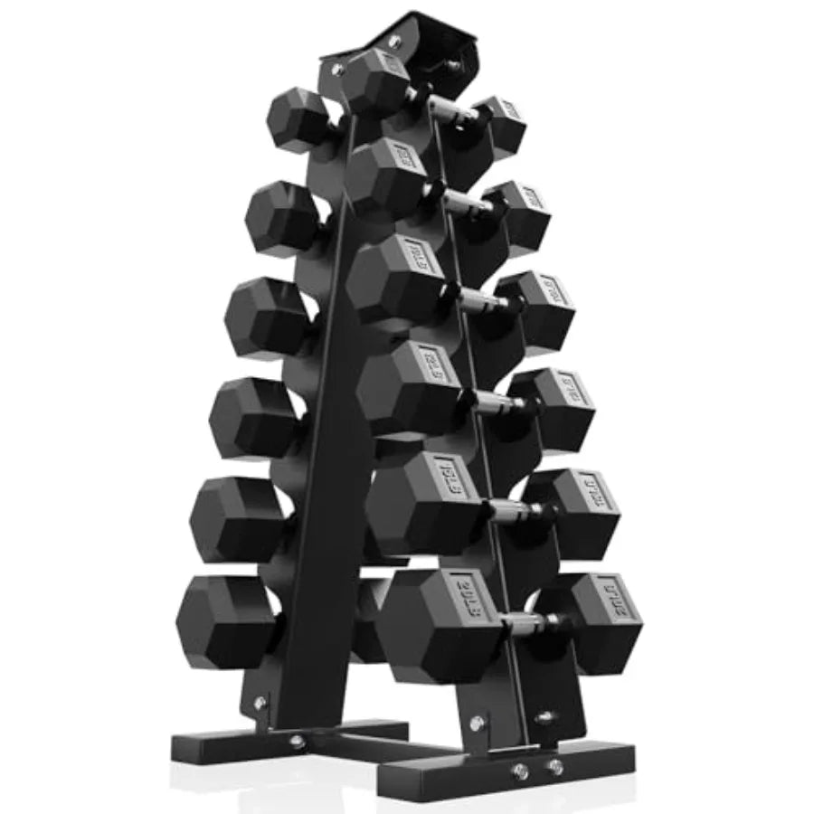 Rubber Encased Hex Dumbbell Set 140 lb Home Free Weights Pair of 5 8 10 12 15 20 lb with Rack Black Gym Training Equipment