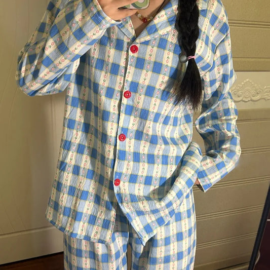 Autumn and Winter Women Nightwear Plaid Rose Striped Long Sleeve Trousers Pajamas Loungewear Plus Size Two-Piece Set Sleepwear