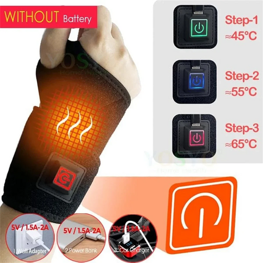 Electrically heated wrist brace with adjustable and breathable black strap for sports and hand joint protection tools