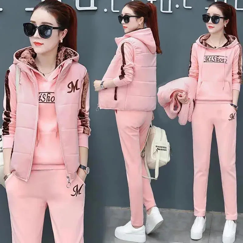 Women's Casual Fashion Autumn Winter New Sweat Suit Plush Thickened Hooded Tops and Waistcoat Pants 3 Three Piece Sets For Women