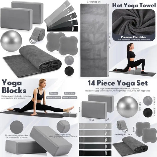 14 Pcs Yoga Kits for Home Workouts Pilates Equipment Set for Women Beginners Include Hot Yoga Towel Blocks Strap, Knee Pad, Resi