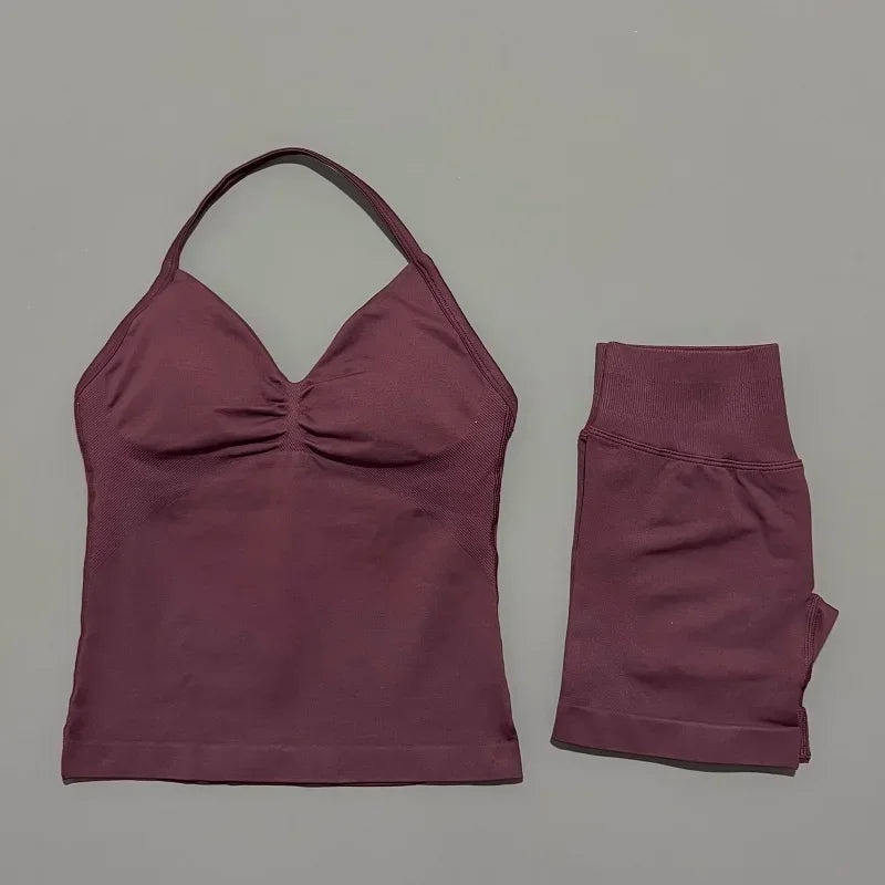 NoLogo Women 2 Piece Yoga Outfit Seamless Strappy Bra High Waist Butt Lifting Scrunch Shorts Gym Activewear