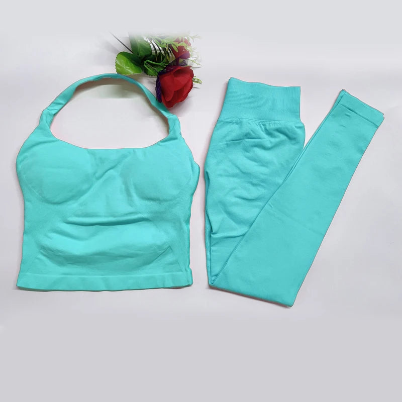 2026 Yoga outfit DFNNYE two Pieces Gym Set seamless Women DF impact backless Halter Top Leggings Fitness Clothes Workout sets