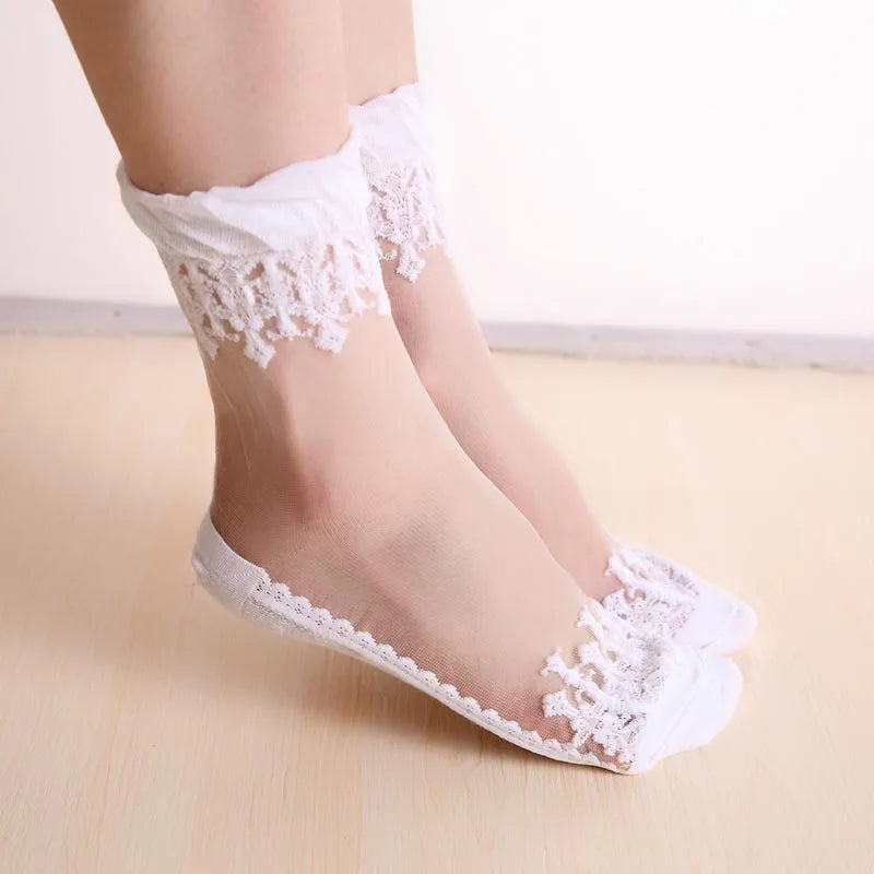 1 Pair Spring Summer Ladies Ultrathin Lace Embroidery Silk Transparent Glass Crytal Stretch Women Soft Elastic Breathable Socks
