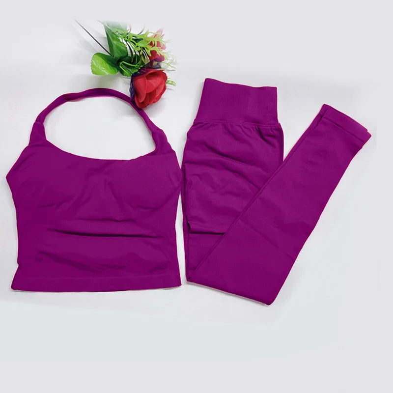 2026 Yoga outfit DFNNYE two Pieces Gym Set seamless Women DF impact backless Halter Top Leggings Fitness Clothes Workout sets