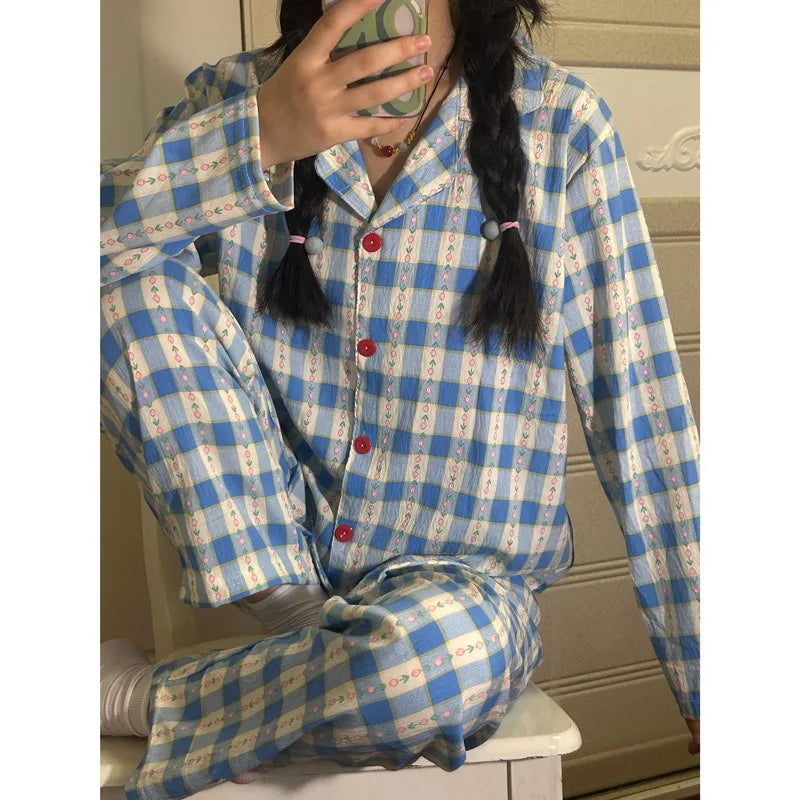 Autumn and Winter Women Nightwear Plaid Rose Striped Long Sleeve Trousers Pajamas Loungewear Plus Size Two-Piece Set Sleepwear