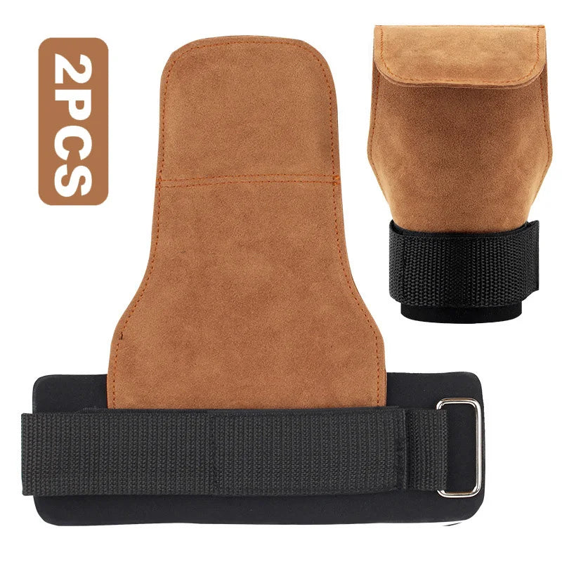 2Pcs Cowhide Gym Gloves Grips Anti-Skid Weight Power Booster Belt Lifting Pull-up Deadlift Workout Fitness Palm Training Guards