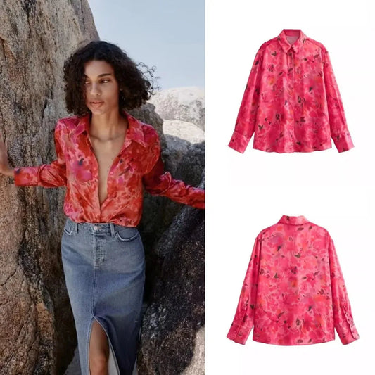 Women Elegant Print Decoration Long Sleeves Casual Satin Blouse Top Woman Chic Single-Breasted Lapel Loose Shirt Top