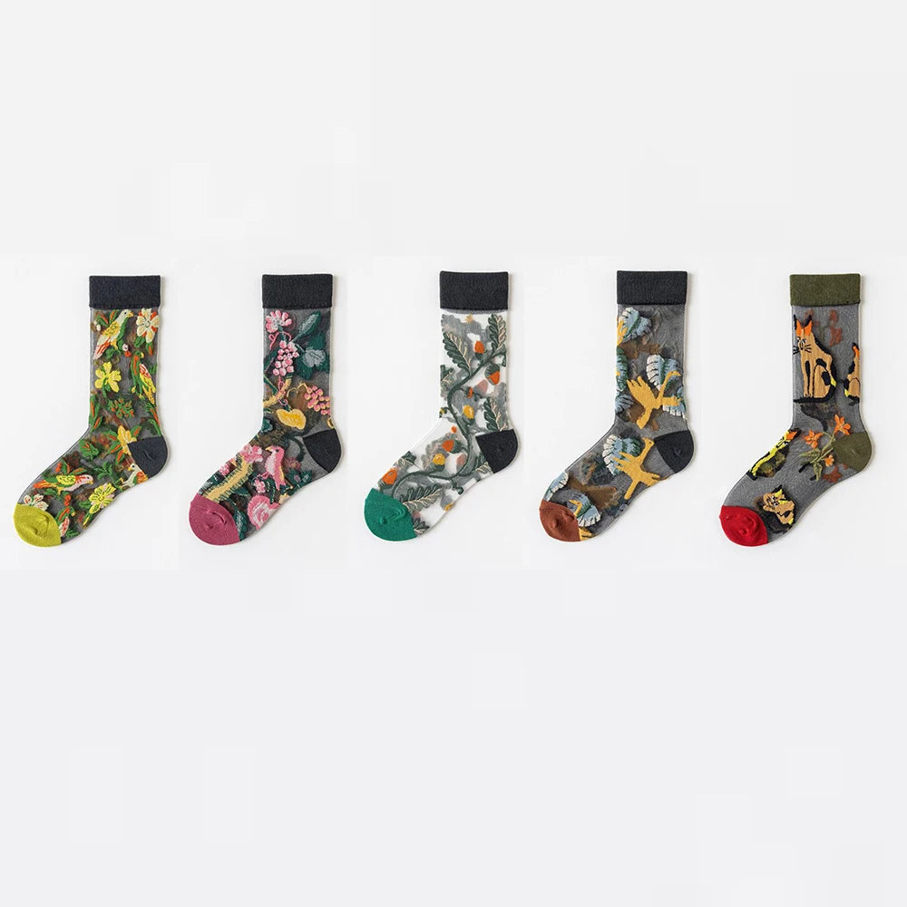 5 Pairs/Set France Hipster Design Glass Silk Floral Bird Funny Socks Women Transparent Art Ankle  Socks Jacquard