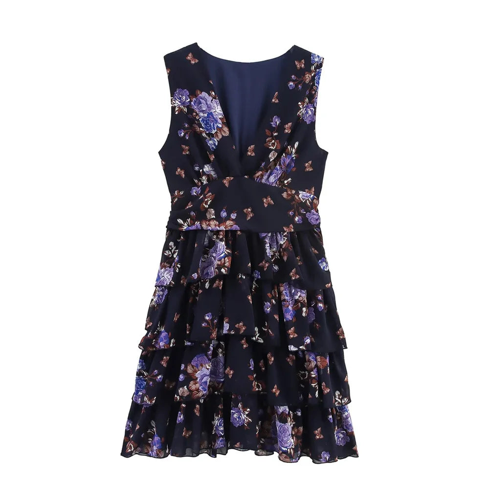 New women's clothing European and American style fashionable simple chiffon multi-layer printed sleeveless dress