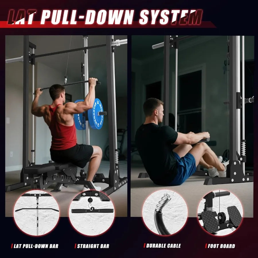 Compact Smith Machine Home Gym 800lb Barbell Sleeve SpaceSaving Power Cage with LAT Pulldown Power Rack 5in1 1500lb Capacity fo