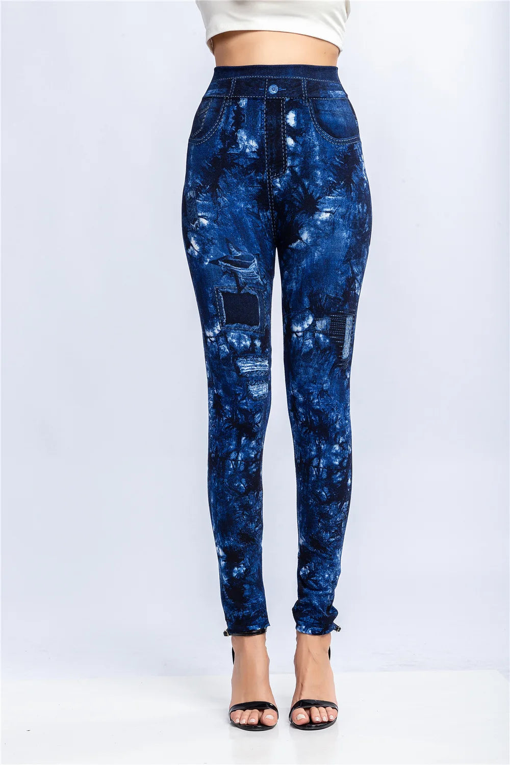 Women Print Imitation Denim Legggings Stretchy Slim Tights High Waist Hip Liftting Casul Pants Workout Running Gym Pants