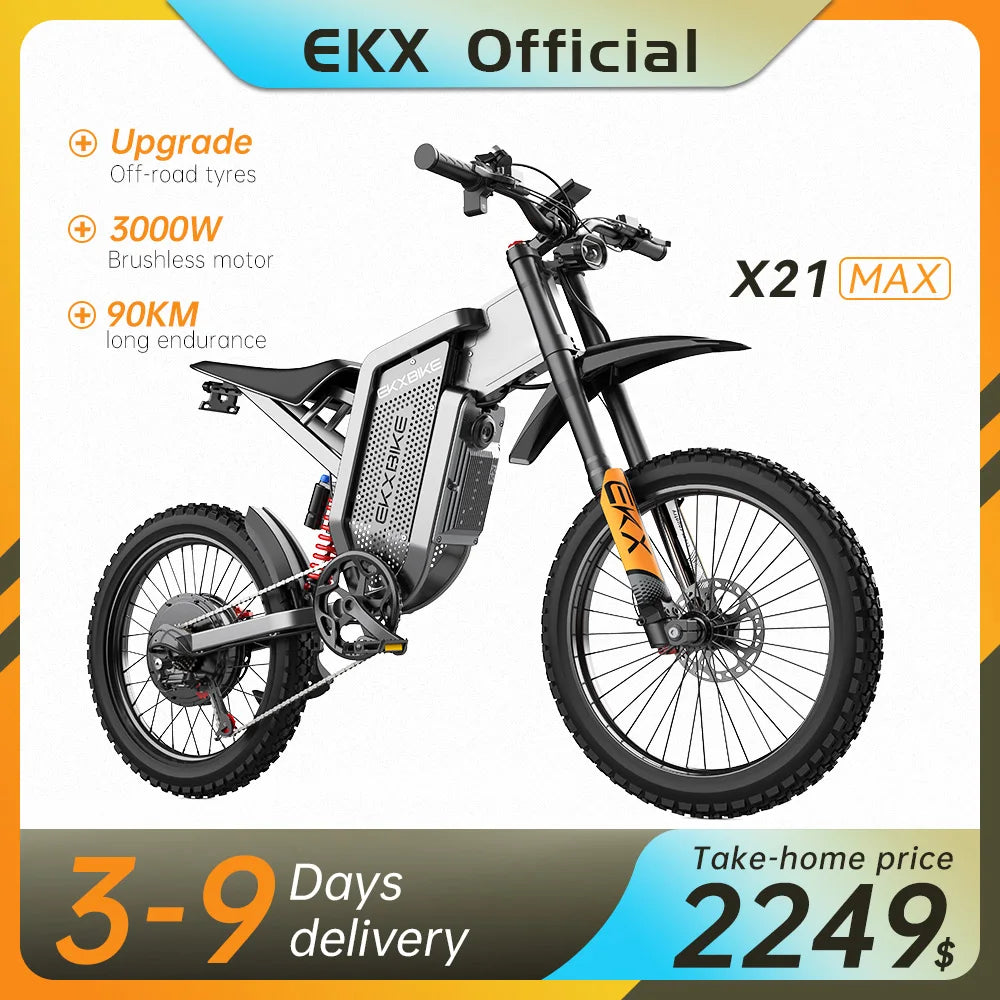EKX X21 Max Electric Motorcycles 3000W Brushless Gearless Motors 60V30AH Lithium Battery Speed 85Kmh Adult Off Road Ebike