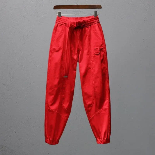 Women Harem Pants Cotton Sweat Pants Elastic Waist Office Lady Loose Casual Trousers with Belt Fashion Ankle Banded Red White