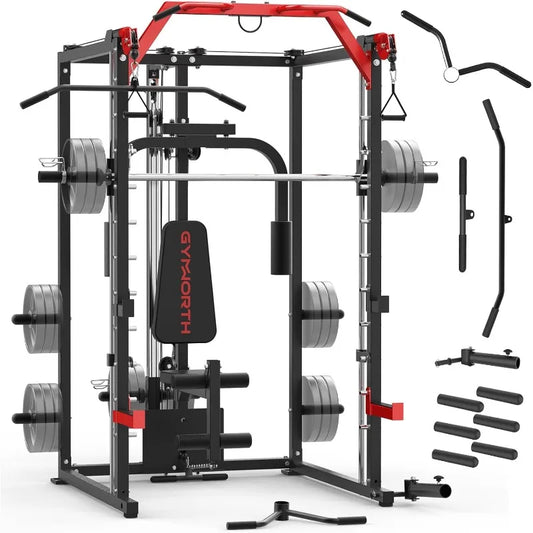 Power Rack with LAT Pulldown System, Power Cage with Cable System, Squat Rack for Home Gym with Chest Press Machine