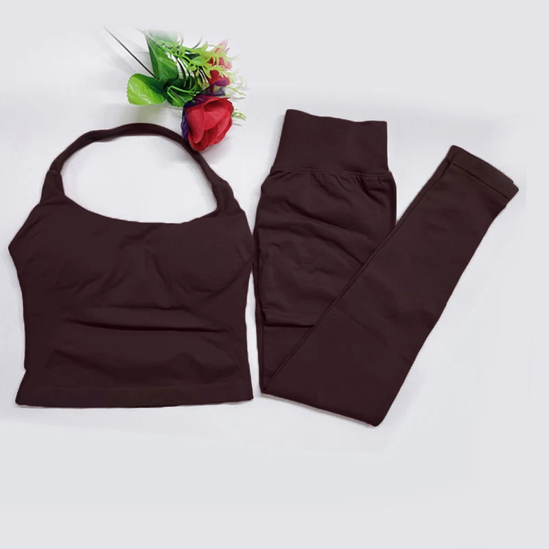 2026 Yoga outfit DFNNYE two Pieces Gym Set seamless Women DF impact backless Halter Top Leggings Fitness Clothes Workout sets