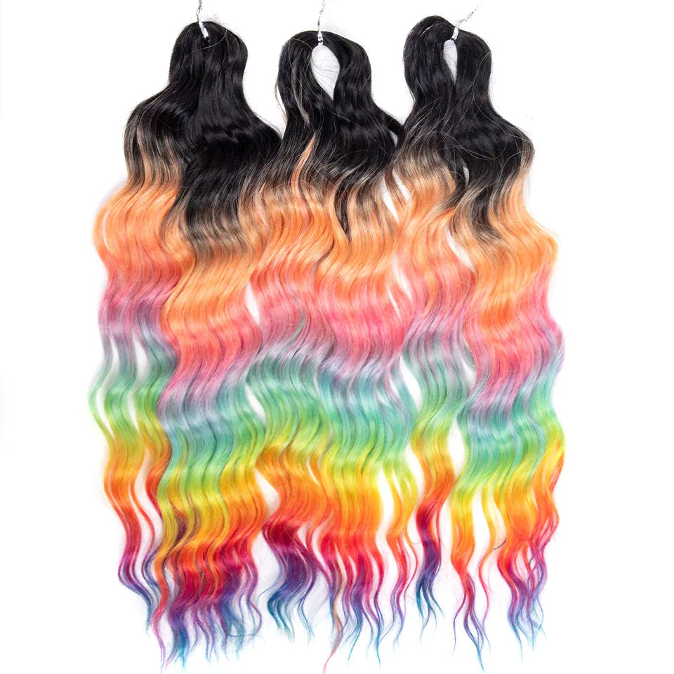 FASHION IDOL 24" 3pcs Deep Wave Curl Hair Synthetic Water Wave Braiding Hair Extensions Ombre Rainbow color Twist Crochet Hair