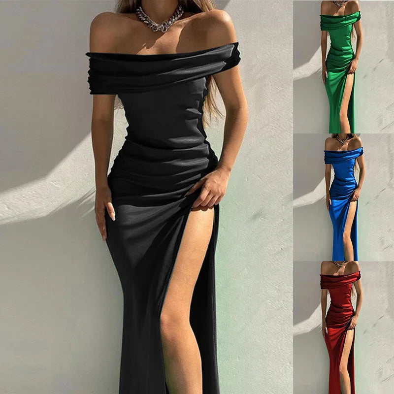 Women's clothing  dresses multiple solid color short sleeves medium length one cut collar slit long dresses sexy dinner dresses