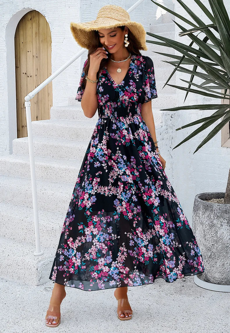 Women's clothing 2025 spring and summer, temperament printing waist short sleeves, dresses, long styles