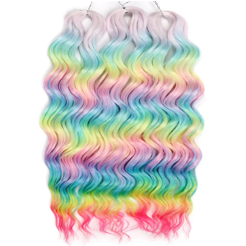 FASHION IDOL 24" 3pcs Deep Wave Curl Hair Synthetic Water Wave Braiding Hair Extensions Ombre Rainbow color Twist Crochet Hair